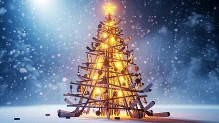 Christmas tree made from hockey sticks and skates, illuminated with lights outdoors in snowy weather. Winter holiday sports concept.