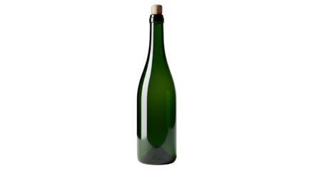 Empty green glass champagne or sparkling wine bottle with cork stopper isolated on transparent background