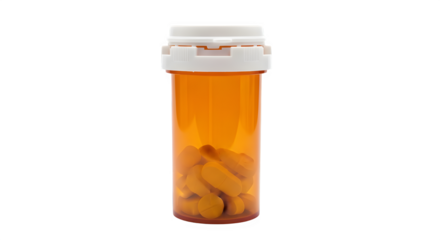 Amber prescription pill bottle with childresistant cap and yellow capsules inside, isolated on transparent background