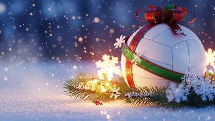 White volleyball decorated for Christmas with red and green ribbon, snowflakes, pine branches, and string lights in falling snow. Christmas sports concept.
