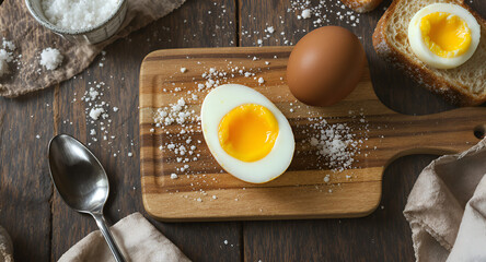 A rustic food photography flat-lay featuring a perfectly boiled egg breakfast scene on a weathered wooden table. 
