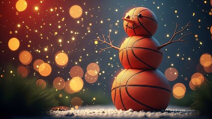 Basketball snowman standing on snow with festive bokeh lights. Sports themed winter decoration for holiday season. Christmas celebration concept.