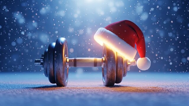 Dumbbell with a festive Santa hat in a snowy setting, symbolizing holiday fitness and winter workout motivation. Christmas sport concept.
