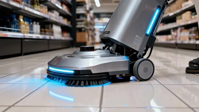 Hightech programmable floorcleaning robot systematically disinfecting a retail stores polished floor highlighting versatility for various floor types and industrial usage.