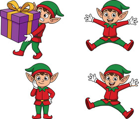 Cartoon Christmas elves in festive poses, gift box jump wave thoughtful expressions, holiday character set - flat vector illustration