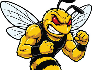 Aggressive muscular yellow jacket mascot, hornet fighter character, sports insect illustration, cartoon wasp vector, combat pose, bold design - flat vector illustration