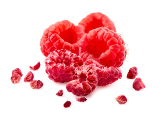  Freeze- dried  Raspberries  Isolated on White Background. Ripe berries isolated.