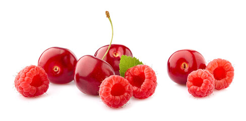 Sweet cherries with raspberries isolated on white background cutout. Ripe berries closeup.  Berries assorted.