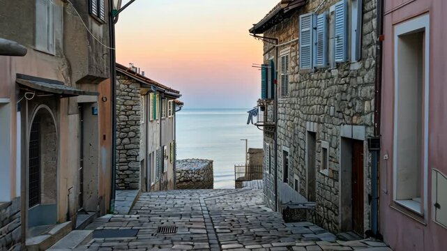 A peaceful evening stroll through narrow cobblestone streets lined with charming pastel buildings, overlooking a calm sea at sunset
