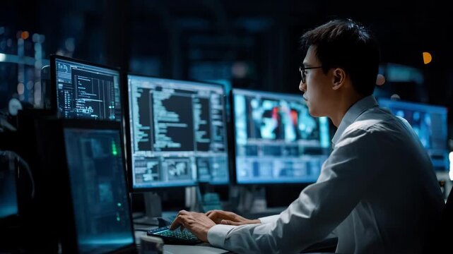 Medium shot capturing a cybersecurity analyst assessing threat alerts related to tax data systems for enhanced client privacy safeguards.