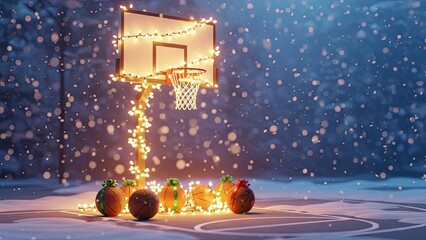 Obraz premium Basketball hoop decorated with Christmas lights on a snowy outdoor court with gift-wrapped basketballs. Winter holiday sports gift concept.