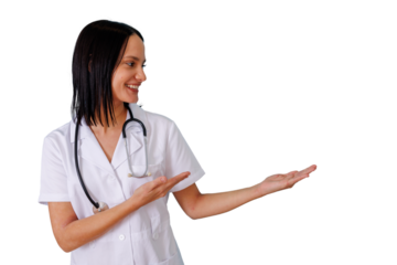 Smiling female doctor presenting medical information or healthcare services, pointing to copy space on transparent background