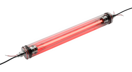 Red neon glow discharge tube with wires, isolated on transparent background
