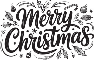 Merry Christmas Hand Drawn Calligraphy Text with Decorative Ornaments and Doodles Vector Illustration