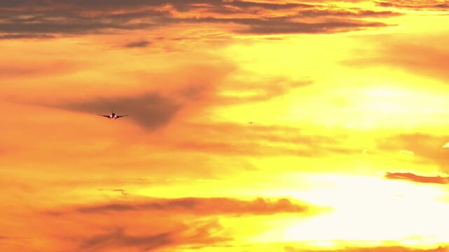 Silhouette of flying airplane in orange sunset sky. Descending aircraft against clouds illuminated by setting sun on background. Landing plane with shining lights at sundown. Camera stays still.