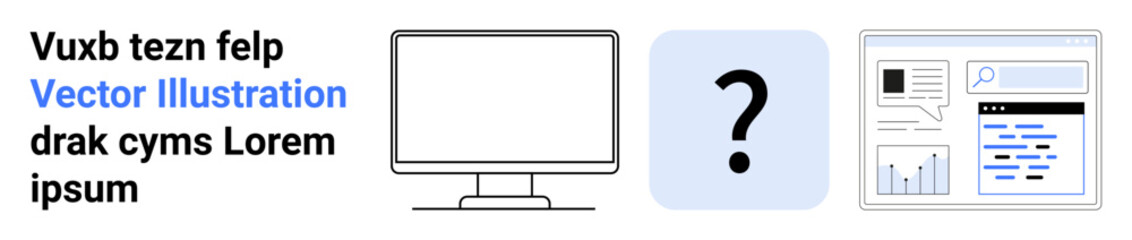Digital marketing, data analytics, content creation, web development, technology education, cybersecurity. An image with a monitor icon, question mark and analytics chart. Digital marketing and data