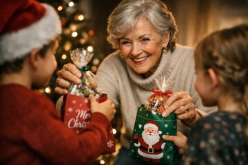 Smiling grandmother giving Christmas gift bags to children by tree, cozy holiday celebration, family togetherness.
