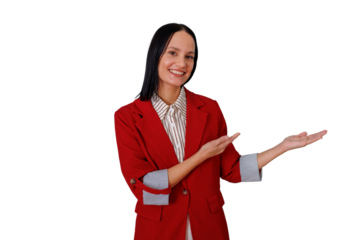Businesswoman in red blazer presenting or welcoming with open hands gesture on transparent background