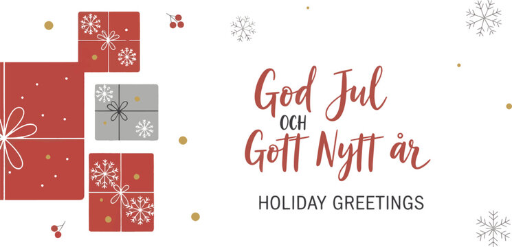 Swedish Christmas Greeting Card with Text God Jul och Gott Nytt &aring;r and Red Gift Boxes Vector Illustration