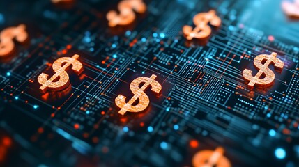Digital circuit board with glowing dollar signs, financial technology concept
