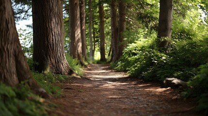 Obraz premium A peaceful forest path winds through tall trees bathed in d d sunlight on a serene afternoon