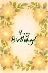 Happy Birthday Floral Card with Golden Watercolor Flowers