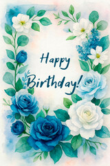 Happy Birthday Floral Card with Blue and White Watercolor Roses