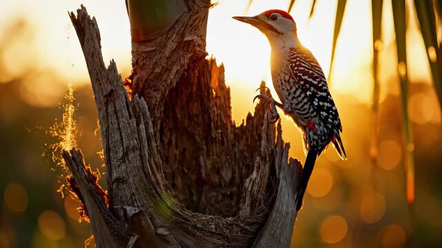 A colorful woodpecker clings to the textured trunk of a palm tree, inspecting a hollowed nest under the warm glow of the setting sun. The vibrant feathers are illuminated, creating