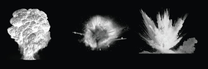 Realistic white explosion vector set. Bomb blast and smoke clouds