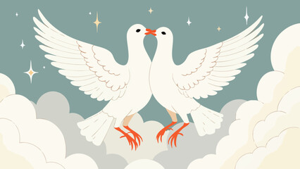 Obraz premium Vector Illustration of Two Intertwined Doves Nestled in Dreamy Clouds