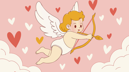 Vector Illustration of a Playful Cupid Flying with Bow and Arrow on Abstract Love Pattern Background