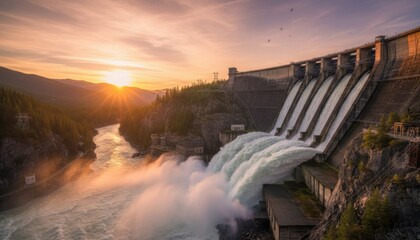Massive concrete hydroelectric dam structure releasing water through multiple spillways into a churning river below at sunset with sun rays peeking over a mountain range in a forested landscape