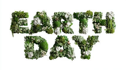 Floral letters forming "Earth Day" on a white background, highlighting a nature-focused theme. The text is crafted from greenery and flowers