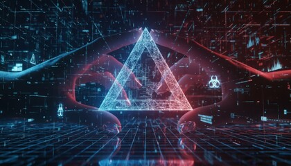 Digital hands holding a glowing holographic triangle surrounded by complex data streams and cyber security icons in a dark space
