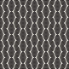Vector seamless pattern. Black and white geometric pattern with interlocking oval shapes, creating a rhythmic, symmetrical design. It conveys a modern, dynamic feel.