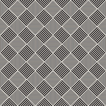 Vector seamless pattern. Black and white geometric pattern of interlocking diagonal squares with alternating striped lines, creating a dynamic, optical illusion effect.