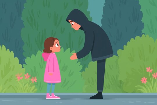 Cartoon flat illustration of Young Girl Rejecting Candy from Stranger in Park, Safety Awareness Scene