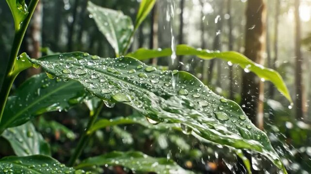 Water droplets falling onto a large green leaf in a lush rainforest setting