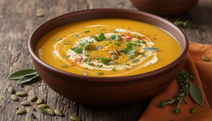Bowl of creamy pumpkin soup garnished with herbs seeds and spice suggesting comfort food seasonal cooking and warm rustic dining experience