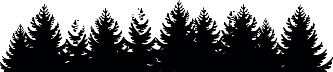 Black silhouette of a spruce forest isolated on white background