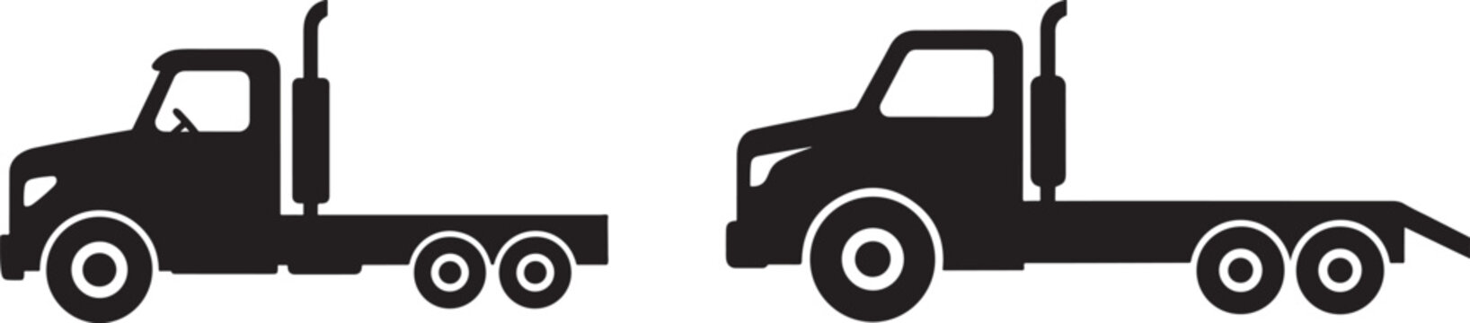Two black silhouette icons of flatbed semi trucks on a white background