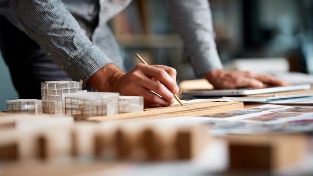 Engineer examining bioplastic samples on a drafting table showcasing sustainable and ecofriendly materials used in cuttingedge design projects.