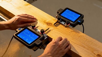 Closeup of hands guiding smart carpentry instruments with integrated sensors providing live data to enhance woodworking craftsmanship. - Powered by Adobe