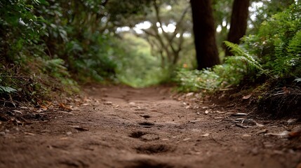 Obraz premium A dirt path winds through a green forest marked with footprints inviting explo n