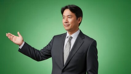 Confident businessman presenting with open gesture in a professional setting with green background