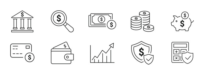 Finance icon set. Business, economy, coin, savings, money bag, bank card, piggy bank, chart, dollar bill, concept ,  vector illustration.