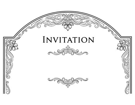 Vintage Ornate Arch Frame Invitation Template. Elegant Floral Engraving Border with Swirls and Decorative Dividers for Luxury Wedding or Formal Event Announcement Outline.