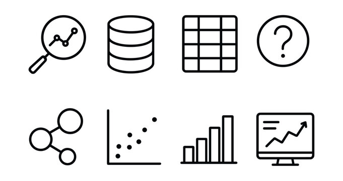 Data analysis and statistics line icons set