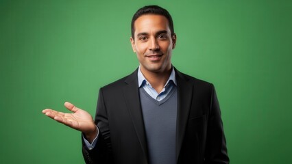 Confident businessman presenting with welcoming gesture against vibrant green background