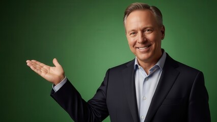 Confident businessman presenting with welcoming gesture on green background